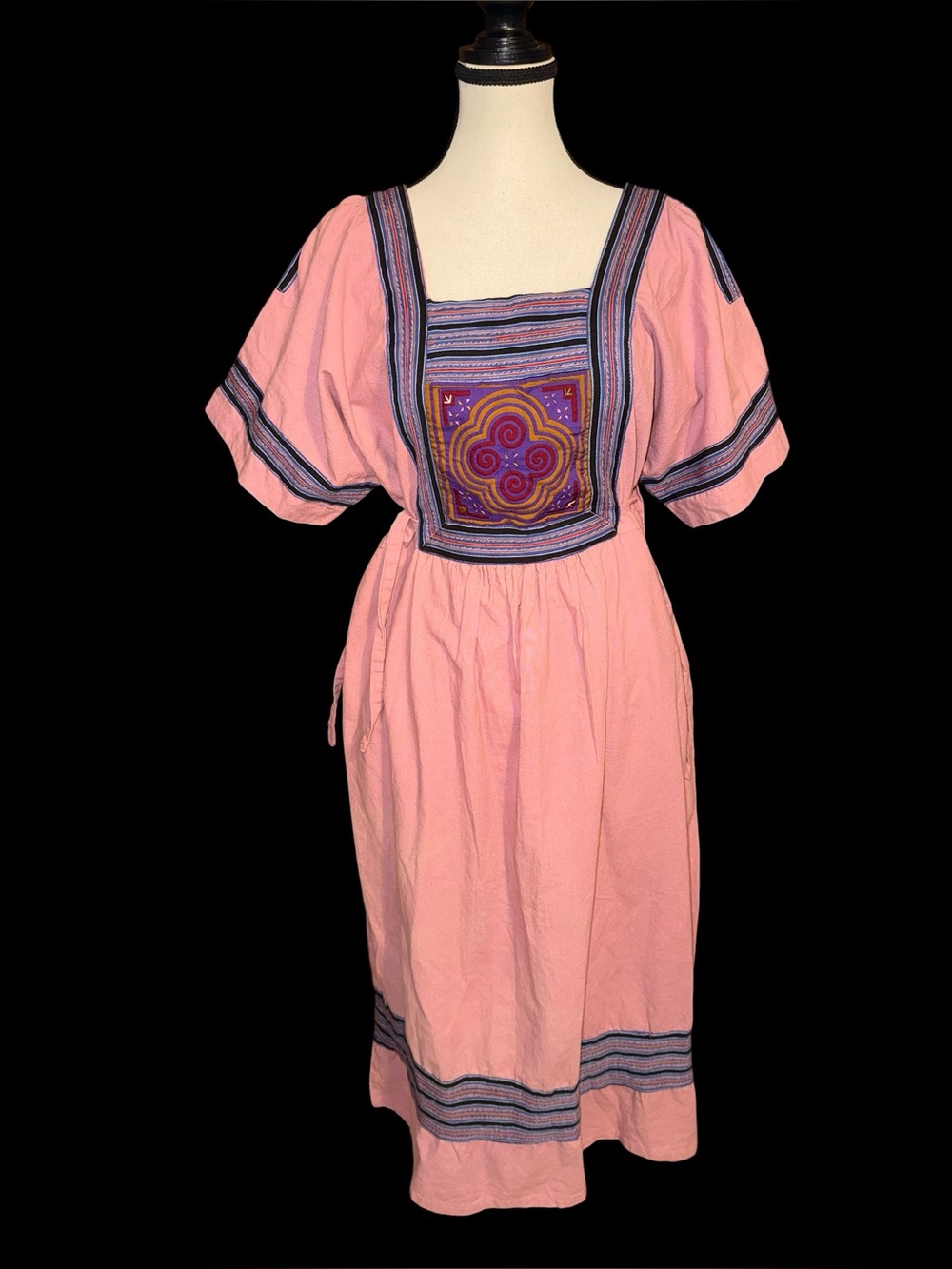 Vintage Thai American Trading Co Cotton Dress Pink Embroidered Boho Folk Maxi